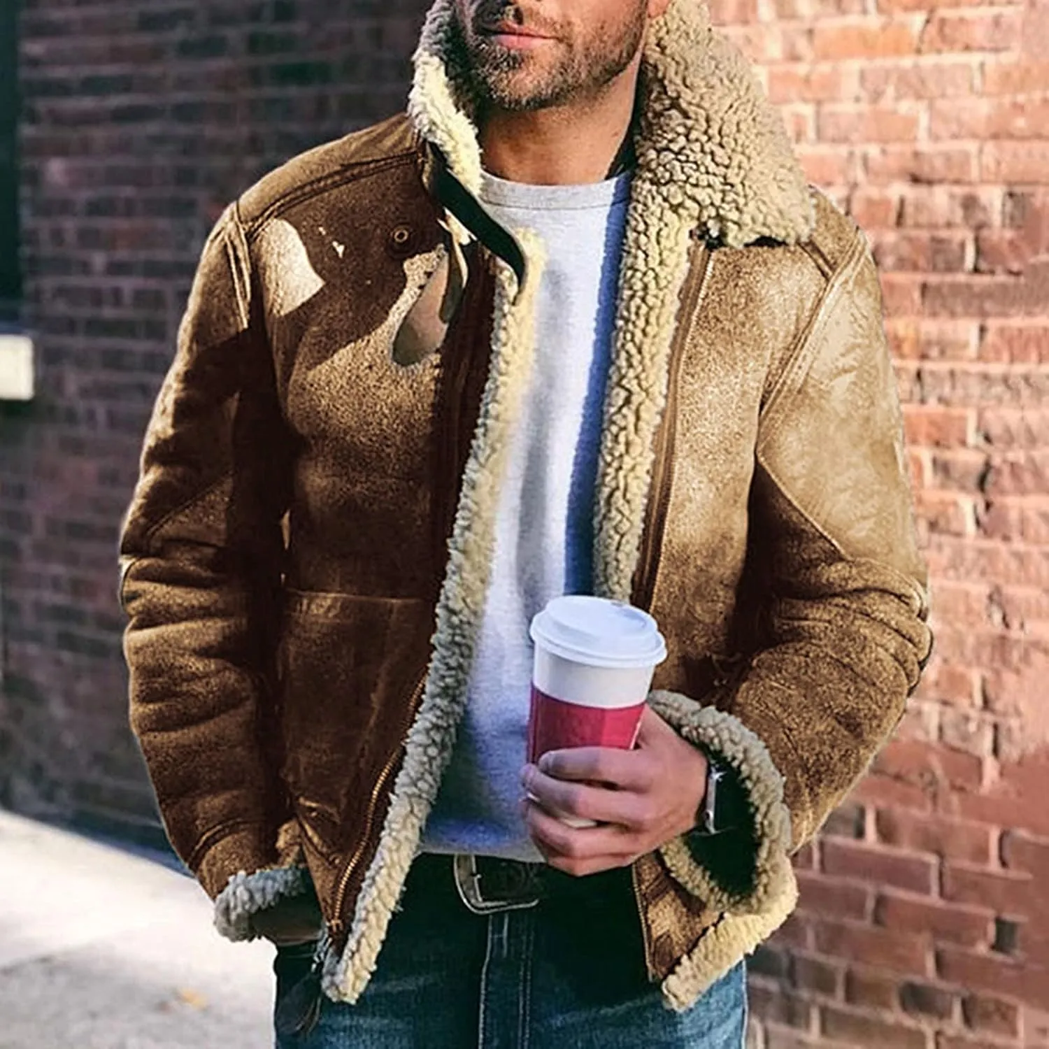 ZYXTIM Men's Suede Bomber Jackets Lapel Fleece Sherpa Lined Warm Trucker Jacket Oversized Zipper Heavyweight Trench Coat