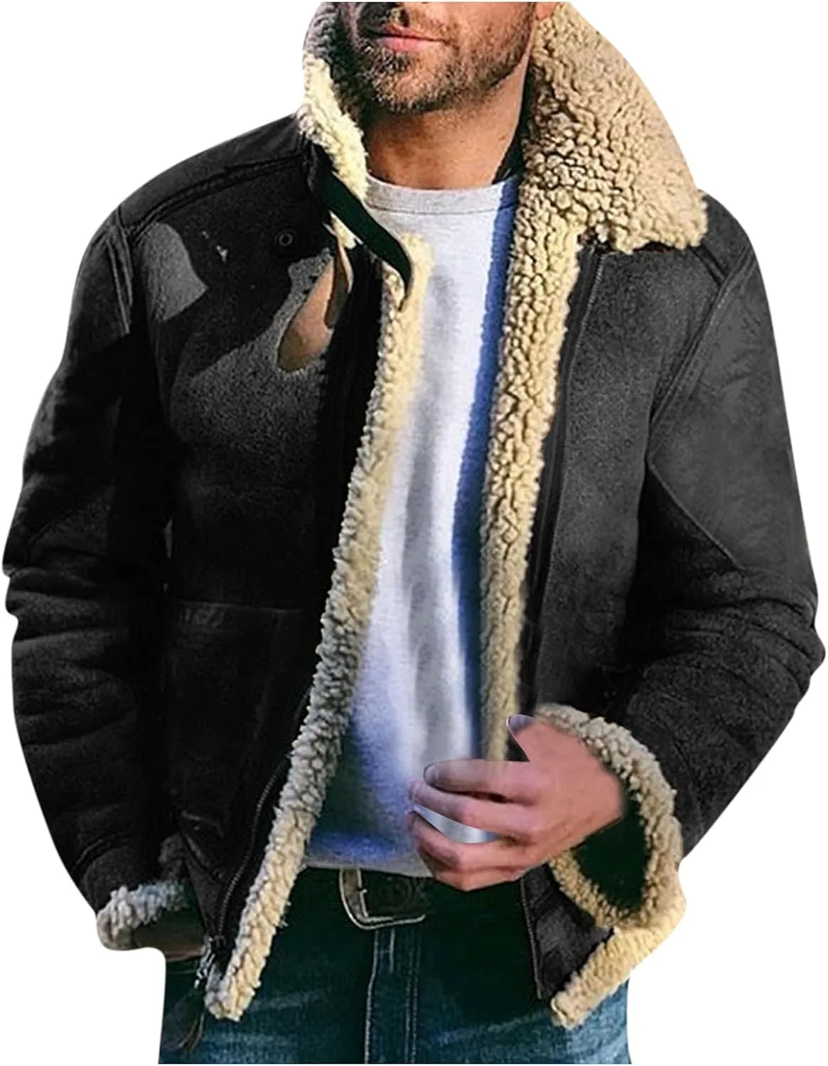 ZYXTIM Men's Suede Bomber Jackets Lapel Fleece Sherpa Lined Warm Trucker Jacket Oversized Zipper Heavyweight Trench Coat