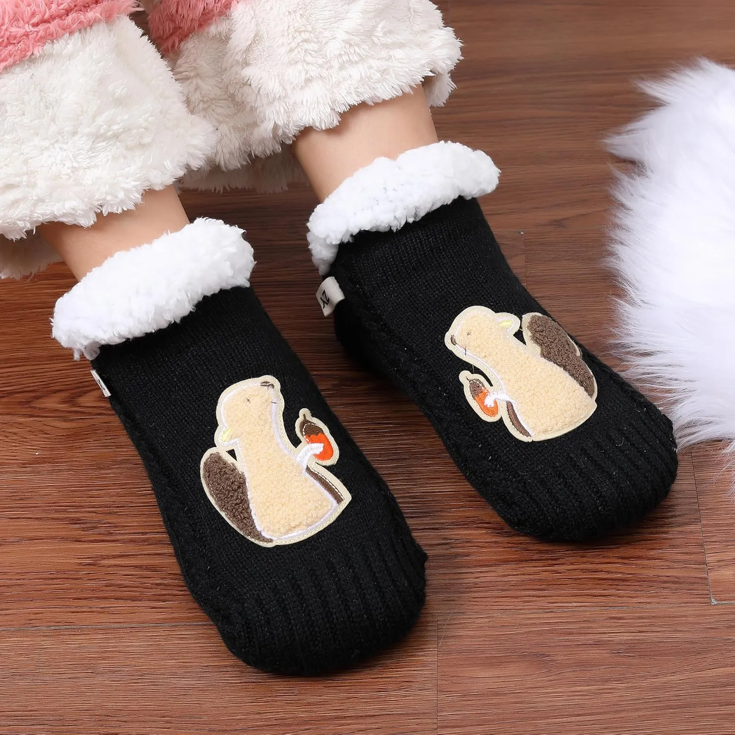 ZYZX Animal Fuzzy Slipper Socks for Women with Grips Winter Cozy Knit Cute Fuzzy Socks Non Slip Sherpa lining Fluffy House Grips Socks Gifts