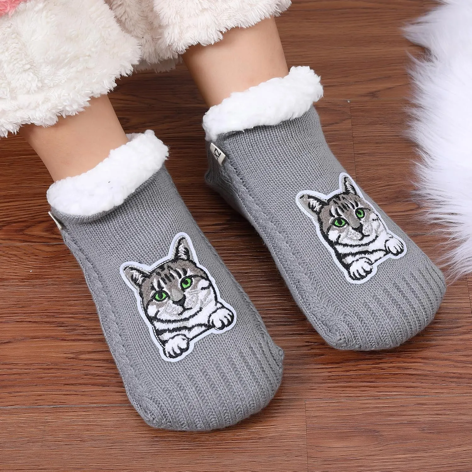ZYZX Cat Fuzzy Slipper Socks with Grips Winter Non Slip Fleece-lined Fluffy Cute Fuzzy Socks Cozy Soft Funny Warm House Socks Gifts