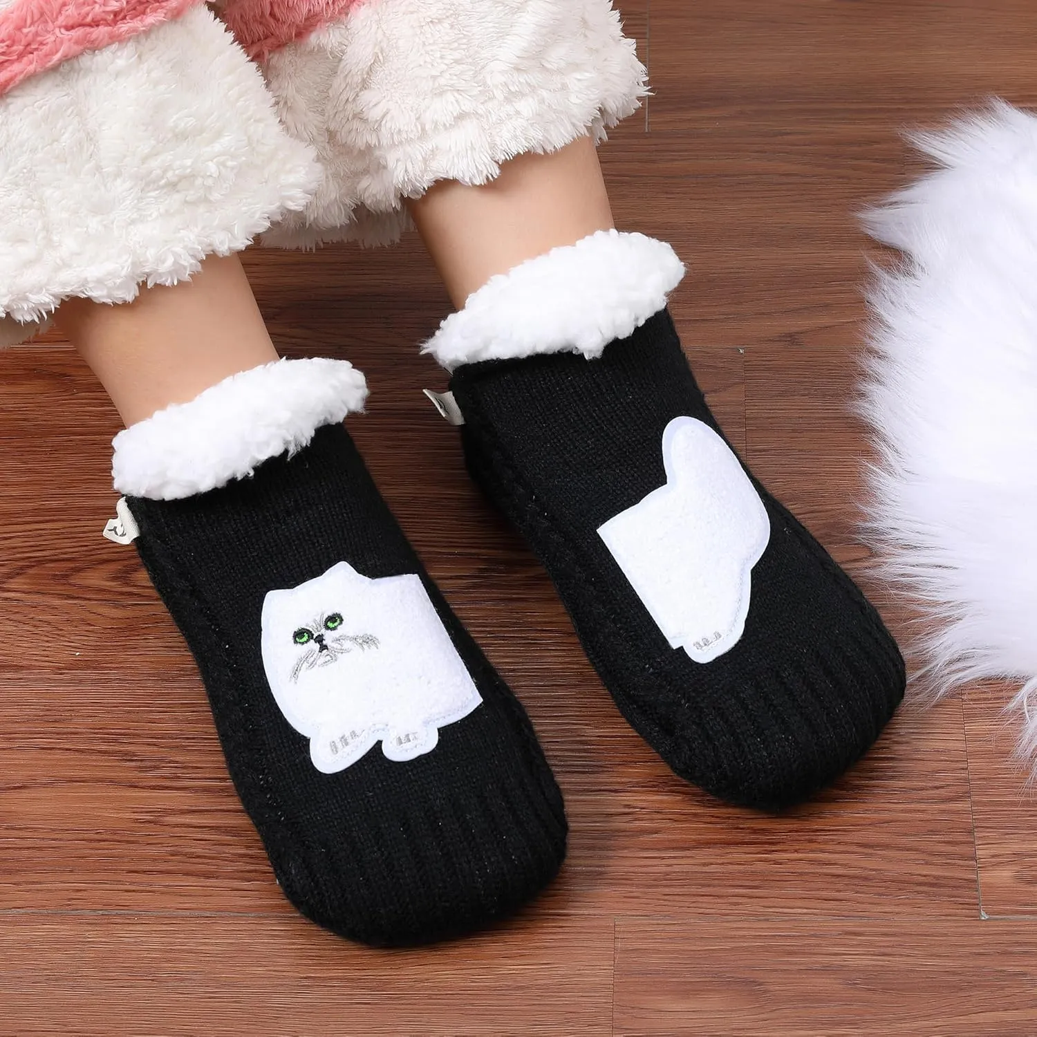 ZYZX Cat Fuzzy Slipper Socks with Grips Winter Non Slip Fleece-lined Fluffy Cute Fuzzy Socks Cozy Soft Funny Warm House Socks Gifts
