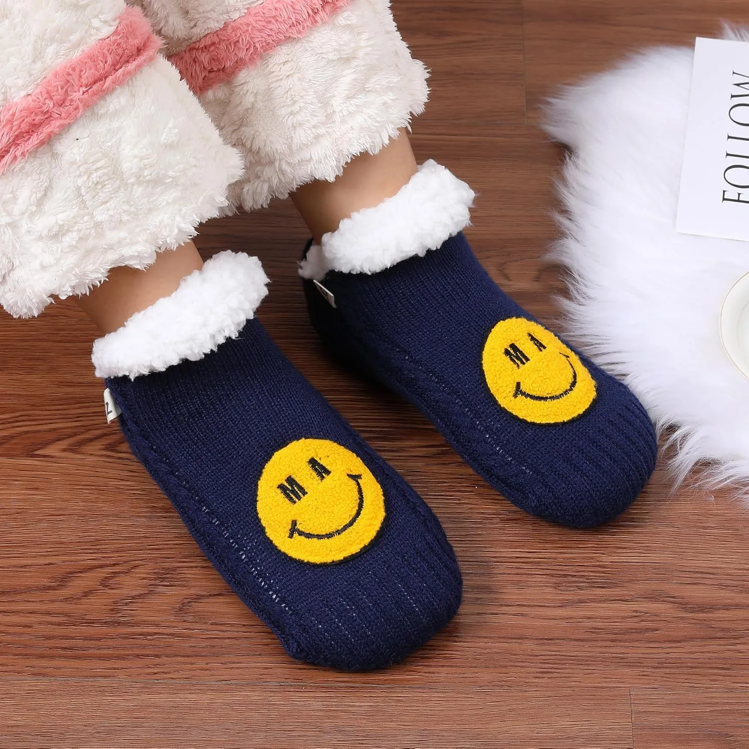 ZYZX Cute Fuzzy Slipper Socks - Winter Warm Funny Non-Slip Knit House Socks With Grips - Fleece-Lined Fluffy Bed Socks for Women - Gifts