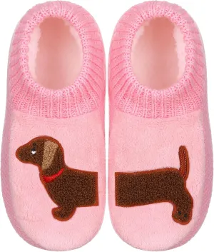 ZYZX Dog Pattern Fuzzy Slipper Socks Winter Cute Warm Cozy Soft Sole Animal Knit Slippers Womens Slipper Socks with Grippers Non Slip House Socks Fun Grip Socks