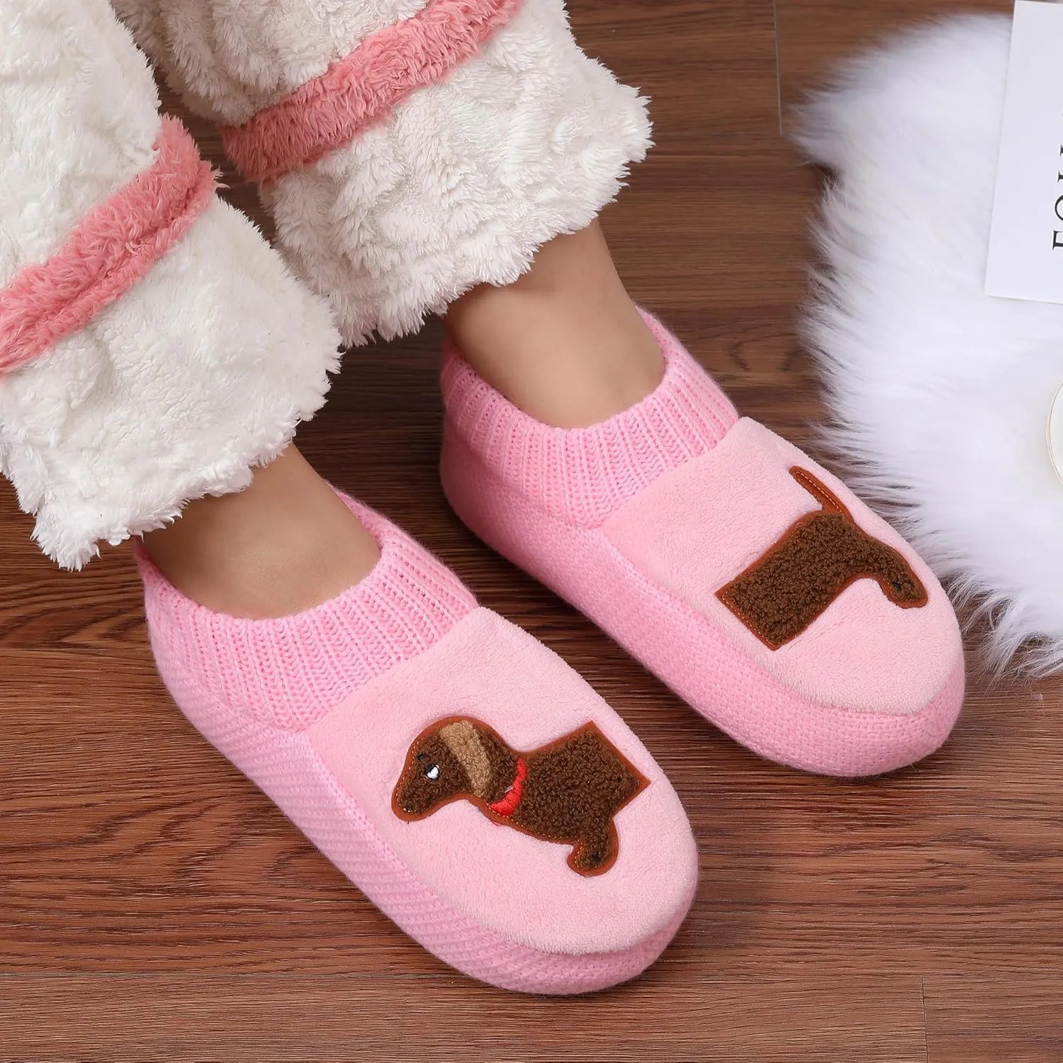 ZYZX Dog Pattern Fuzzy Slipper Socks Winter Cute Warm Cozy Soft Sole Animal Knit Slippers Womens Slipper Socks with Grippers Non Slip House Socks Fun Grip Socks