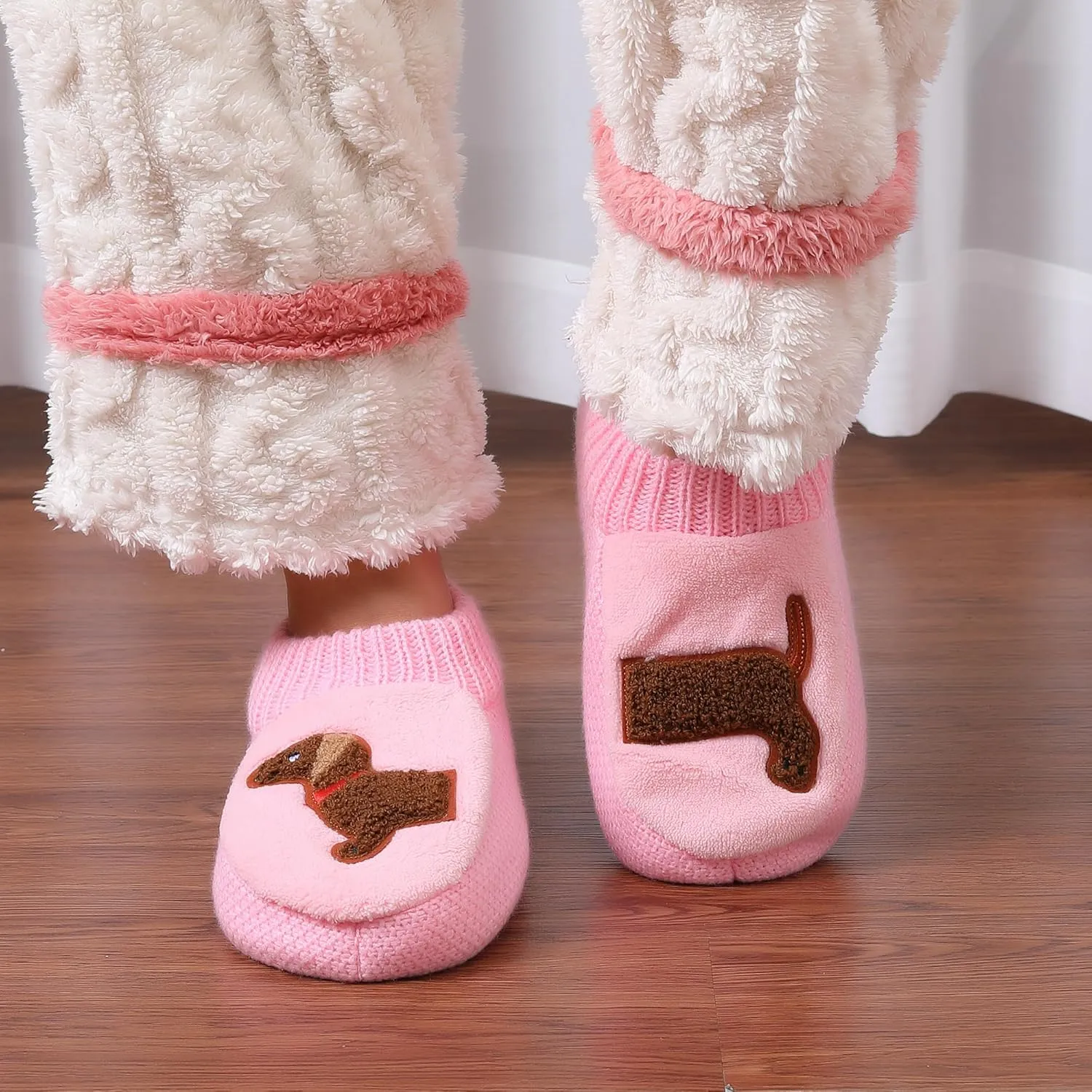 ZYZX Dog Pattern Fuzzy Slipper Socks Winter Cute Warm Cozy Soft Sole Animal Knit Slippers Womens Slipper Socks with Grippers Non Slip House Socks Fun Grip Socks