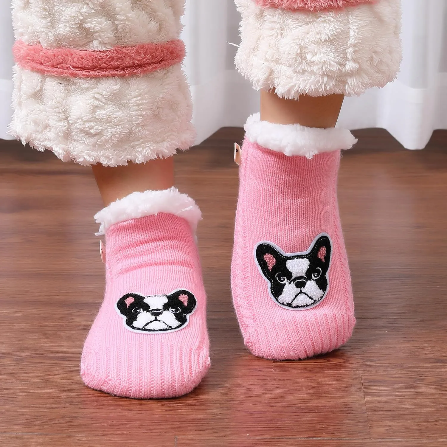 ZYZX Dog Pattern Slipper Socks with Grips Winter Knit Fleece-lined Warm Cute Fuzzy Socks Non Slip Cozy Soft Funny Fluffy House Socks Gifts