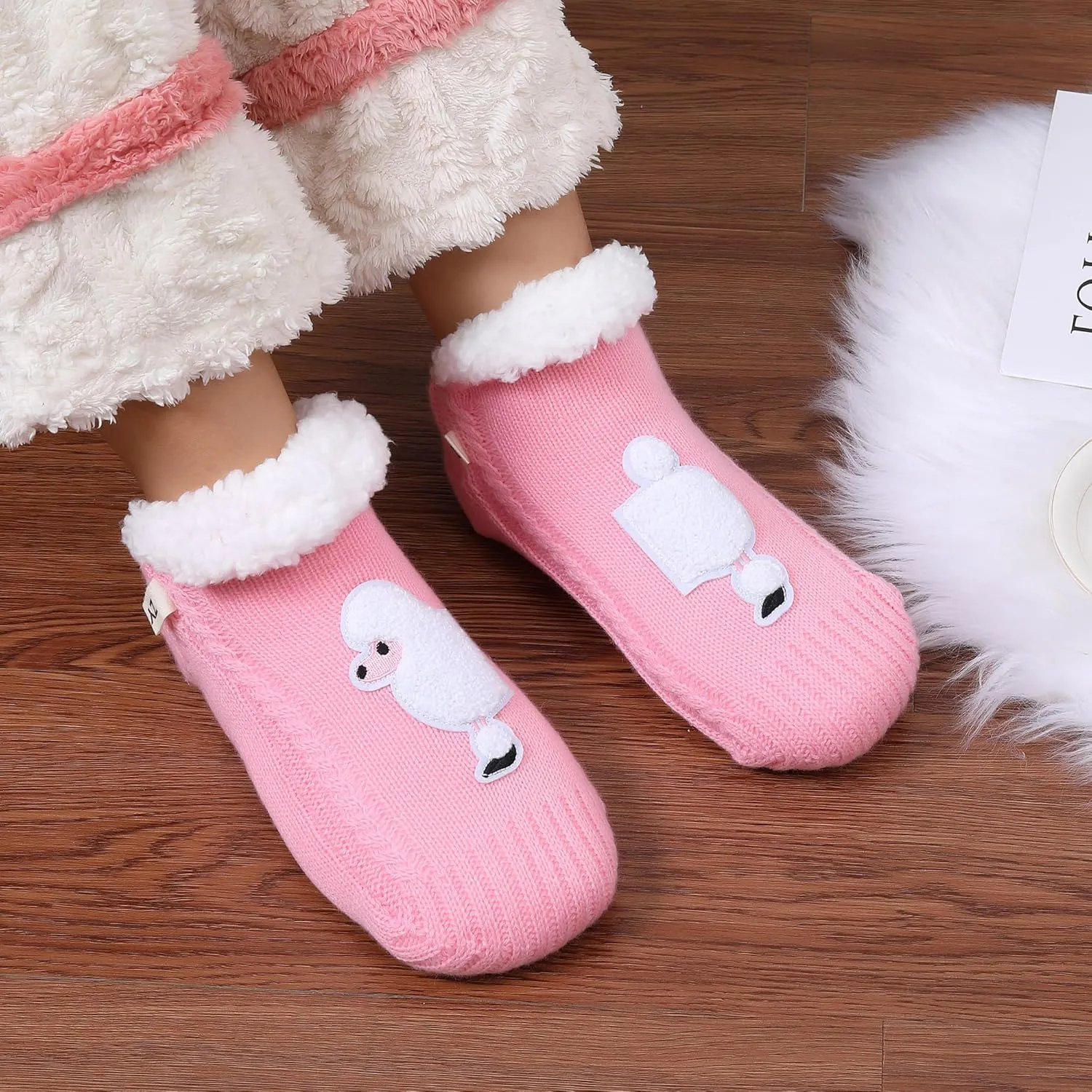 ZYZX Dog Pattern Slipper Socks with Grips Winter Knit Fleece-lined Warm Cute Fuzzy Socks Non Slip Cozy Soft Funny Fluffy House Socks Gifts