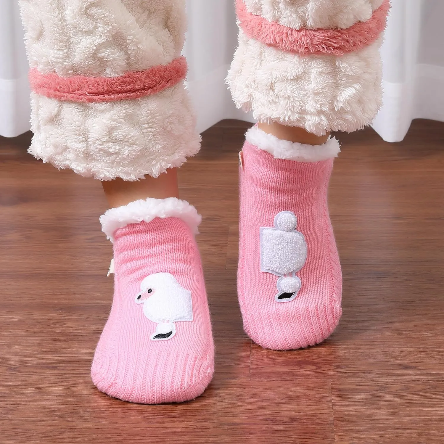 ZYZX Dog Pattern Slipper Socks with Grips Winter Knit Fleece-lined Warm Cute Fuzzy Socks Non Slip Cozy Soft Funny Fluffy House Socks Gifts