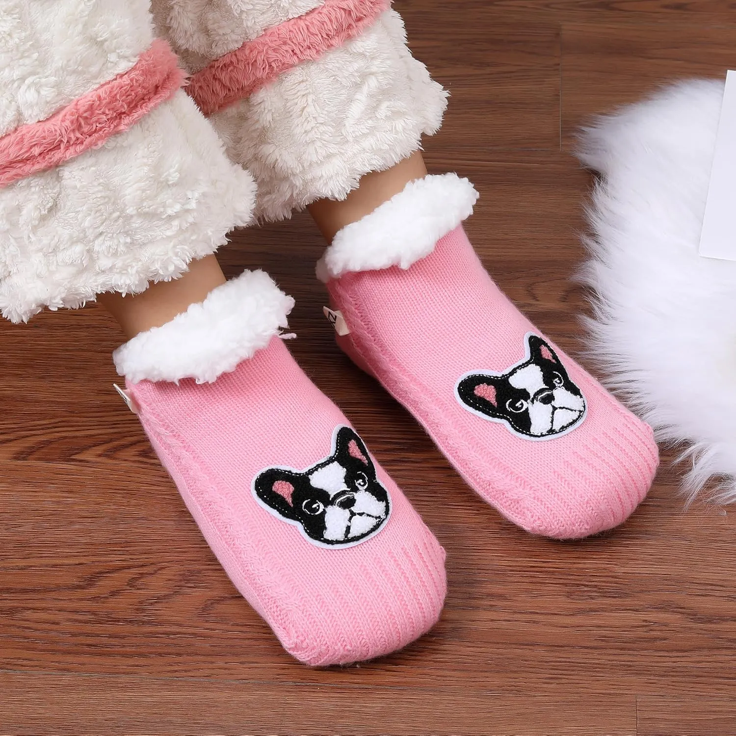ZYZX Dog Pattern Slipper Socks with Grips Winter Knit Fleece-lined Warm Cute Fuzzy Socks Non Slip Cozy Soft Funny Fluffy House Socks Gifts