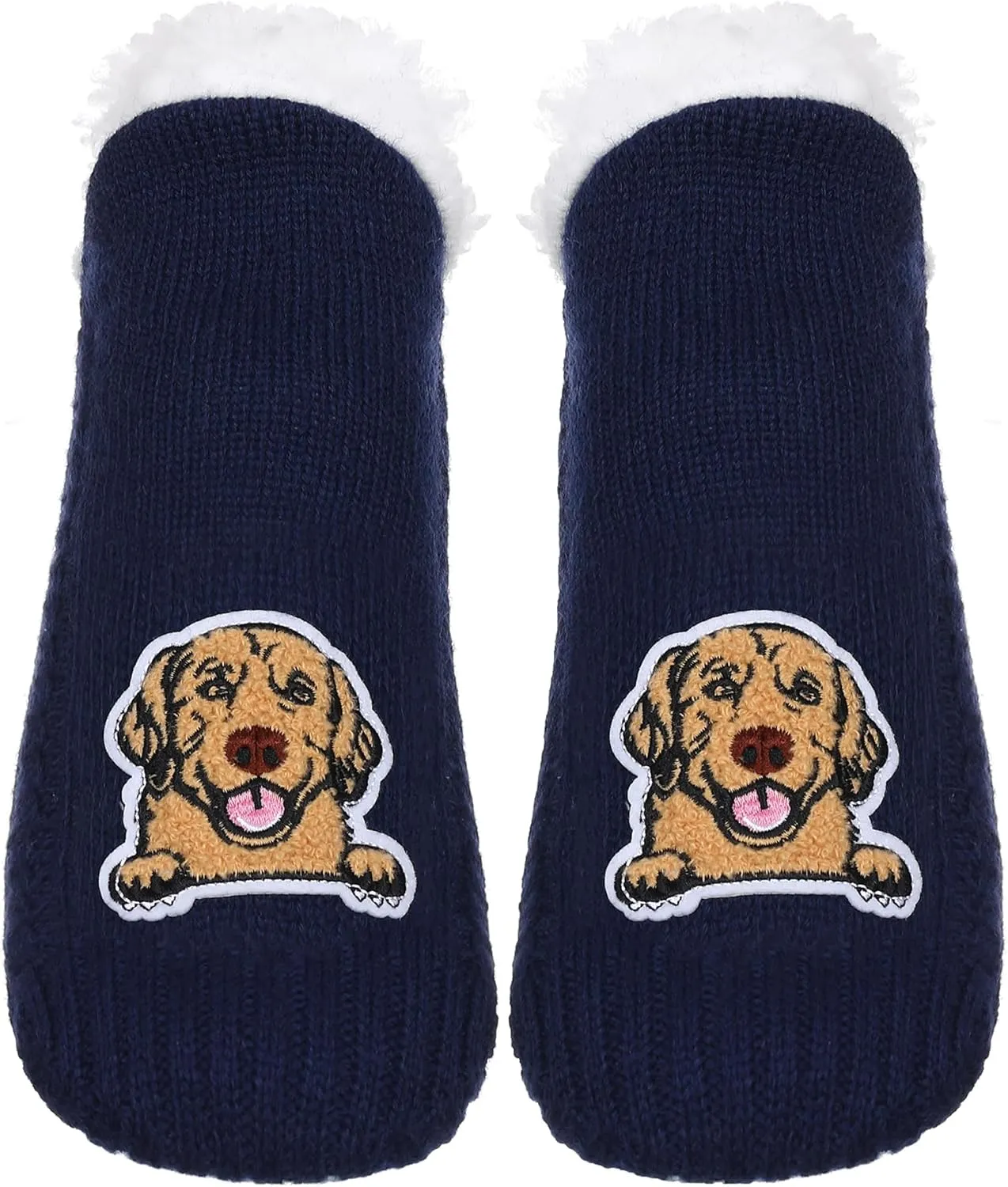 ZYZX Dog Pattern Slipper Socks with Grips Winter Knit Fleece-lined Warm Cute Fuzzy Socks Non Slip Cozy Soft Funny Fluffy House Socks Gifts