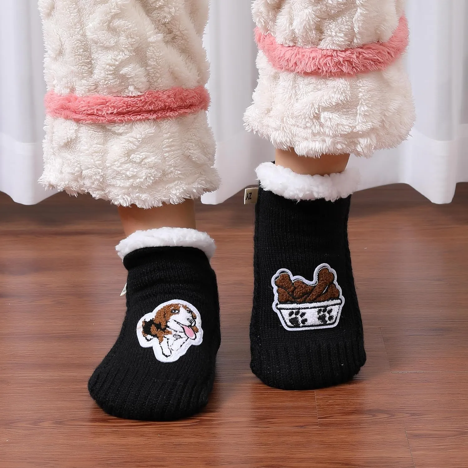 ZYZX Dog Pattern Slipper Socks with Grips Winter Knit Fleece-lined Warm Cute Fuzzy Socks Non Slip Cozy Soft Funny Fluffy House Socks Gifts