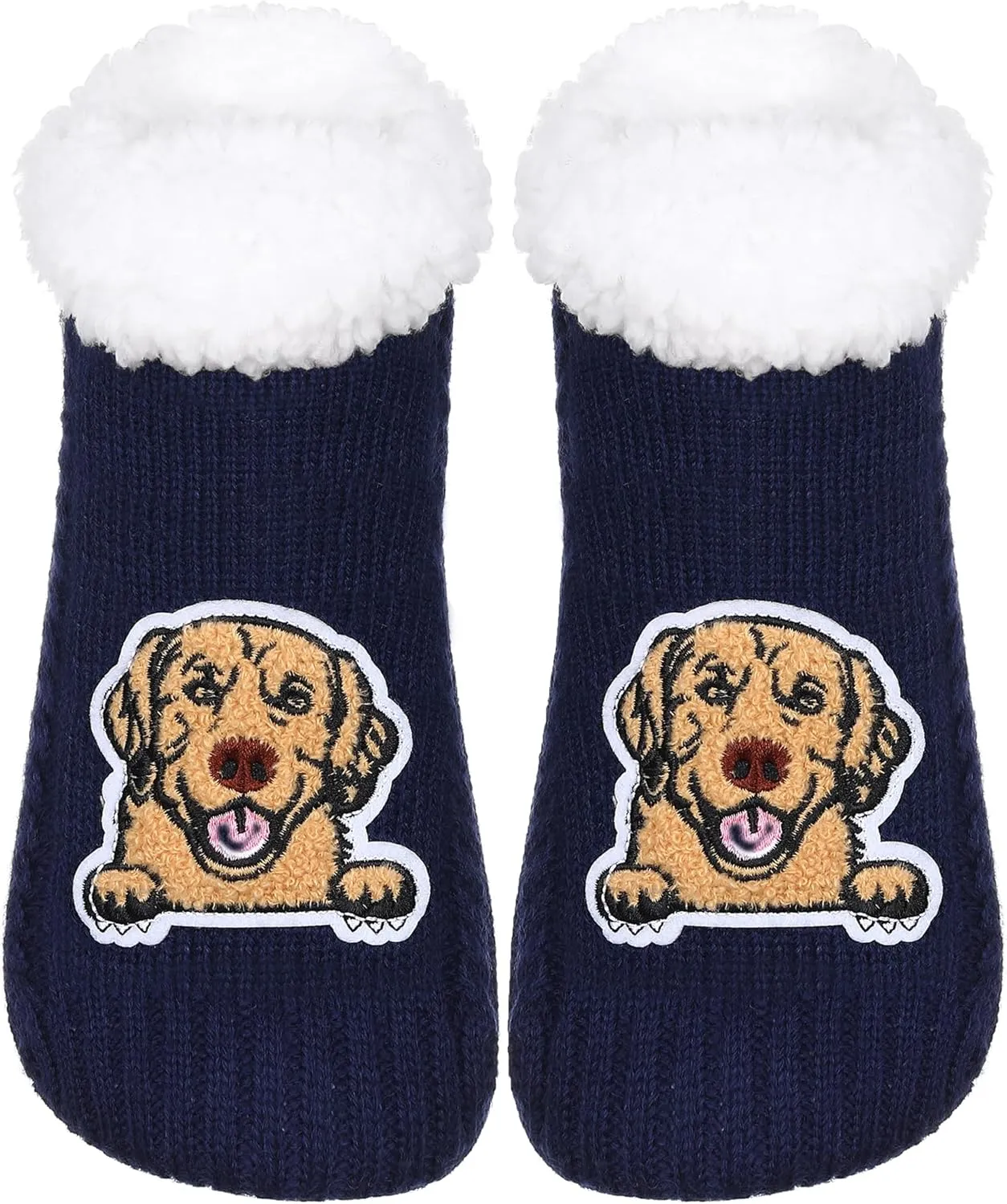ZYZX Dog Pattern Slipper Socks with Grips Winter Knit Fleece-lined Warm Cute Fuzzy Socks Non Slip Cozy Soft Funny Fluffy House Socks Gifts