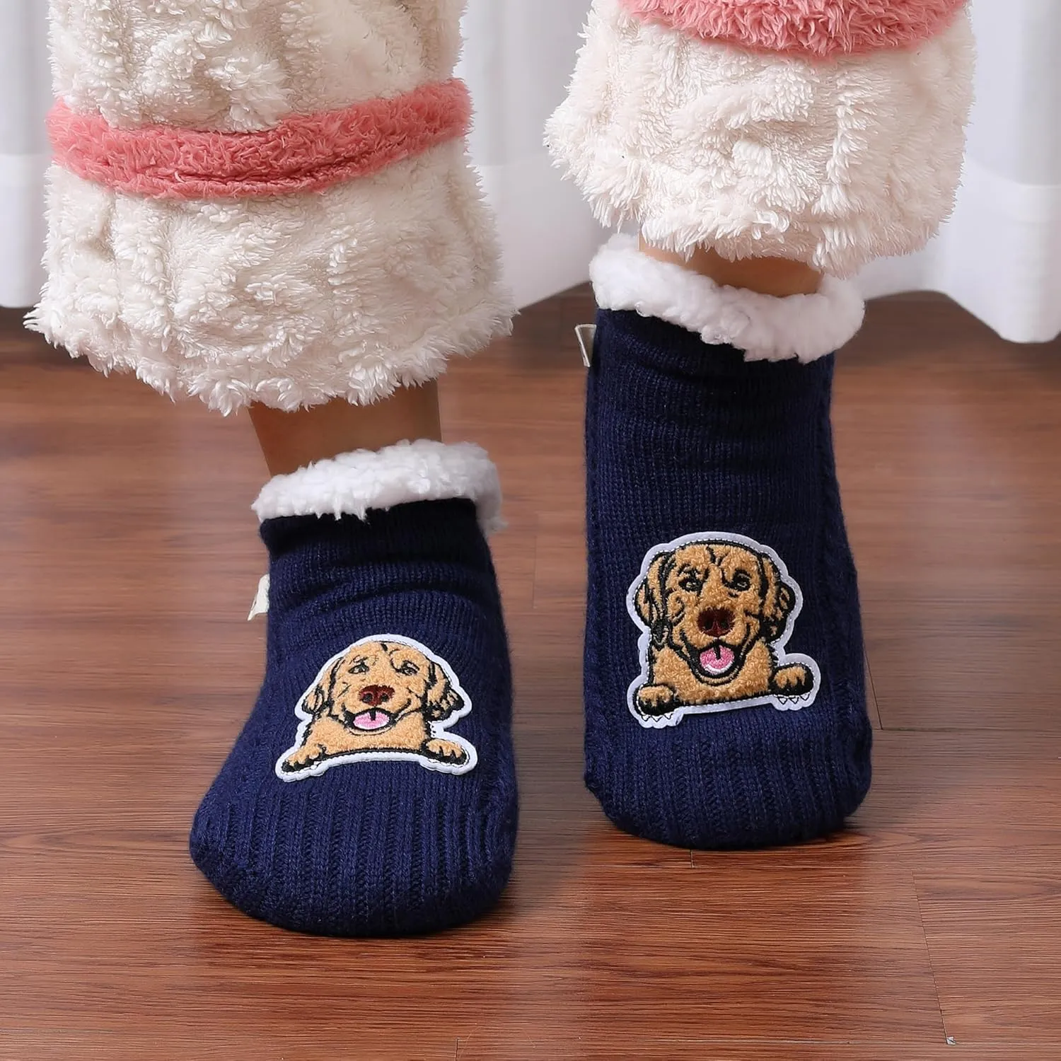 ZYZX Dog Pattern Slipper Socks with Grips Winter Knit Fleece-lined Warm Cute Fuzzy Socks Non Slip Cozy Soft Funny Fluffy House Socks Gifts