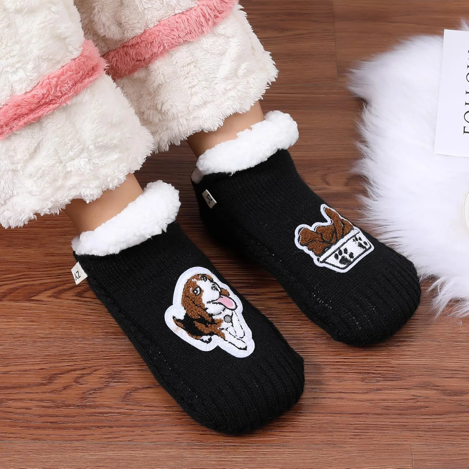 ZYZX Dog Pattern Slipper Socks with Grips Winter Knit Fleece-lined Warm Cute Fuzzy Socks Non Slip Cozy Soft Funny Fluffy House Socks Gifts