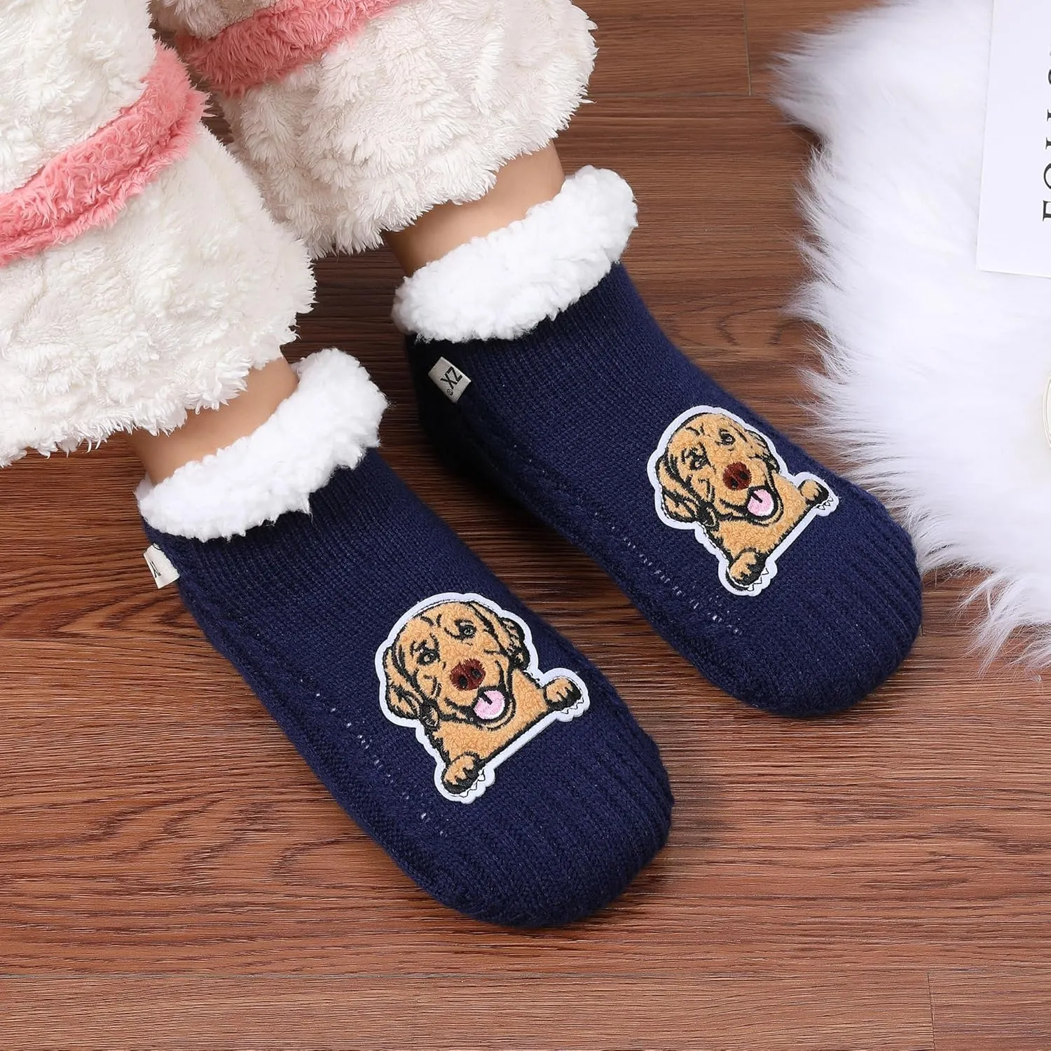 ZYZX Dog Pattern Slipper Socks with Grips Winter Knit Fleece-lined Warm Cute Fuzzy Socks Non Slip Cozy Soft Funny Fluffy House Socks Gifts